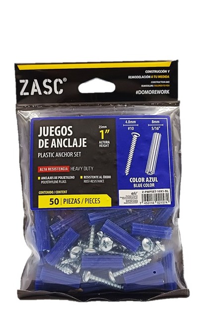 RAMPLUG PLASTICO 5/16" AZUL C/TORNILLO # 10 (50PZS). ZASC
