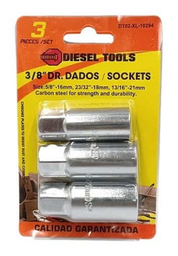 JUEGO DE DADOS HEXAGONAL LARGO 3 PZS (5/8"-23/32"-13/16"), MANDO 3/8". DIESEL TOOLS