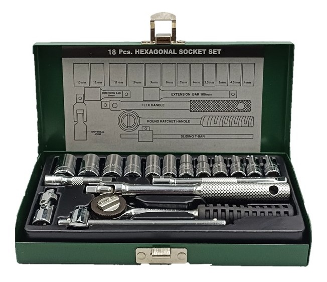 JUEGO DE DADOS HEXAGONAL 18 PCS, MANDO 1/4" (4 -13 mm). EASTMAN (MALETIN METALICO)